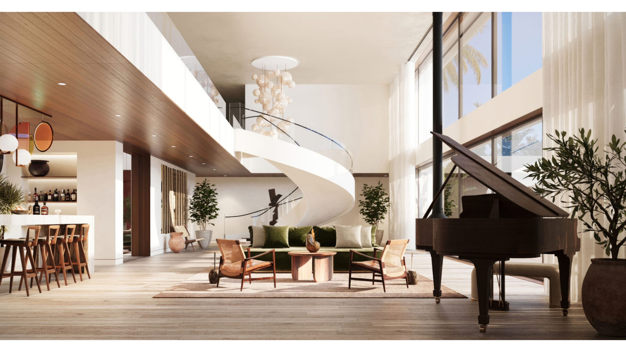 Inside Iconic House 2023, designed by a leading architectural design studio in Lagos, led by Tosin Oshinowo, a spacious living area unfolds with an elegant, sweeping white staircase as its centerpiece. The high-ceilinged room is adorned with a striking bubble chandelier, and floor-to-ceiling sheer curtains that filter the sunlight, enhancing the natural wood tones of the ceiling and flooring. A stylish kitchen bar with high stools invites casual dining, while the area is thoughtfully arranged with woven rattan chairs, a plush green sofa, and a classic grand piano, creating an ambiance of sophisticated comfort.